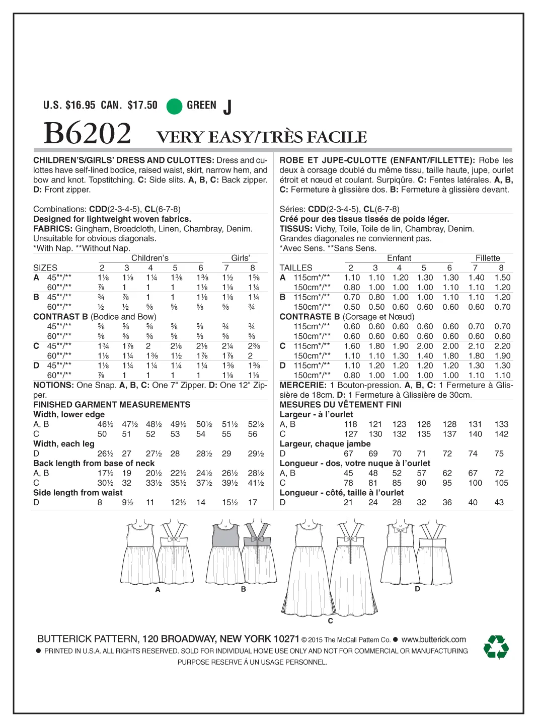 Butterick Child Dresses and Culottes B6202