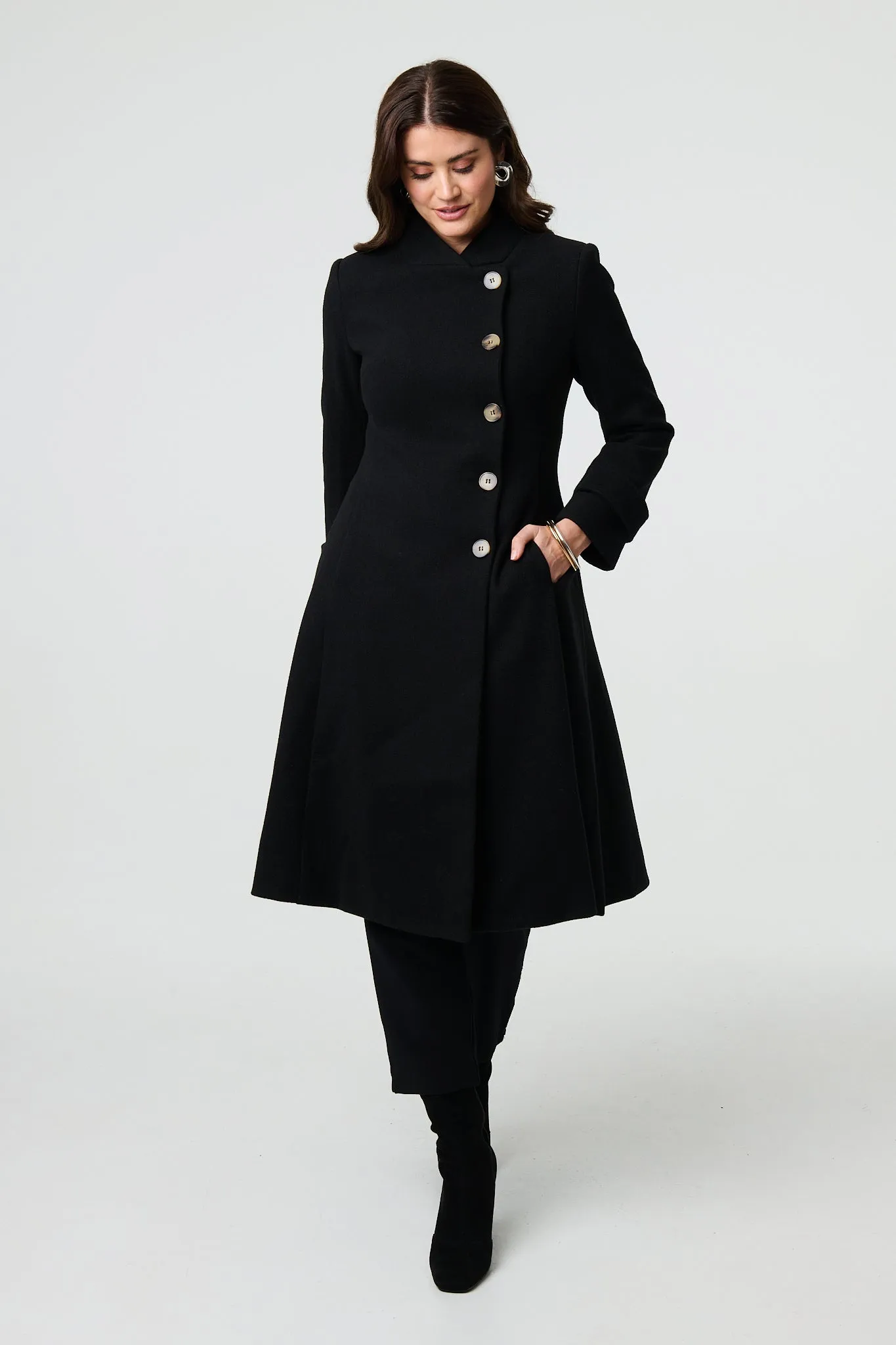 Button Front Funnel Neck Coat