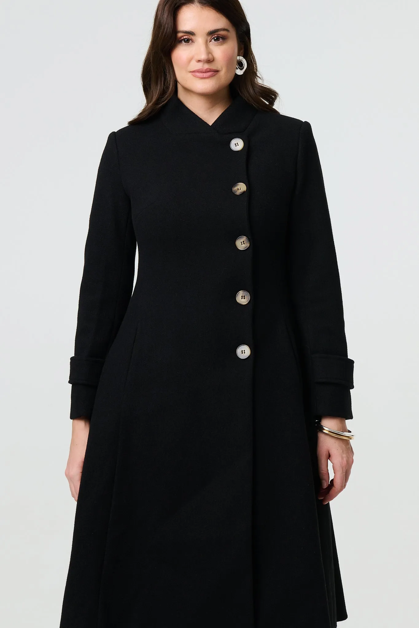 Button Front Funnel Neck Coat