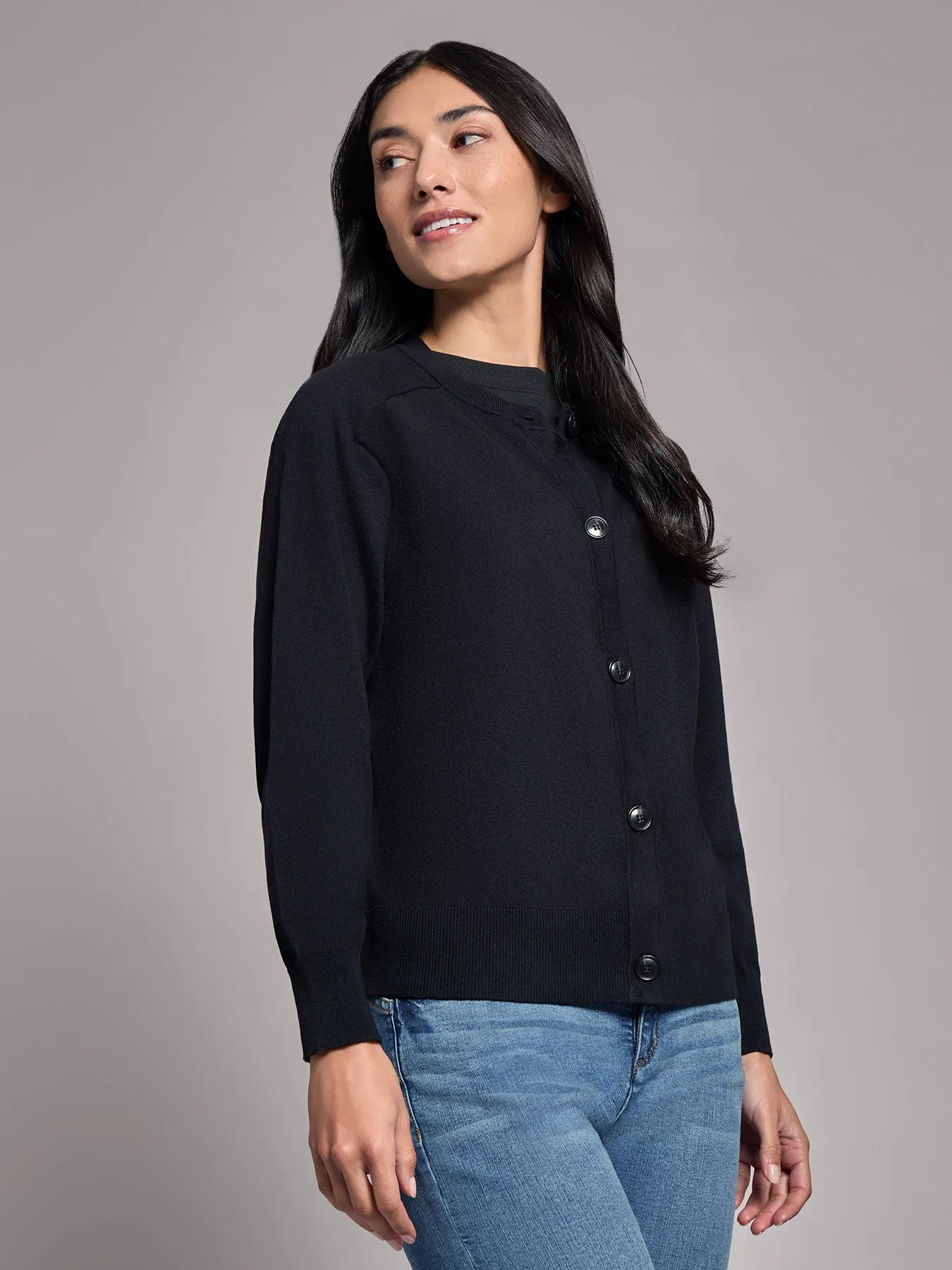 Button-Front Saddle Shoulder Cardigan