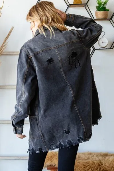 Button Up Distressed Frayed Hem Denim Jacket