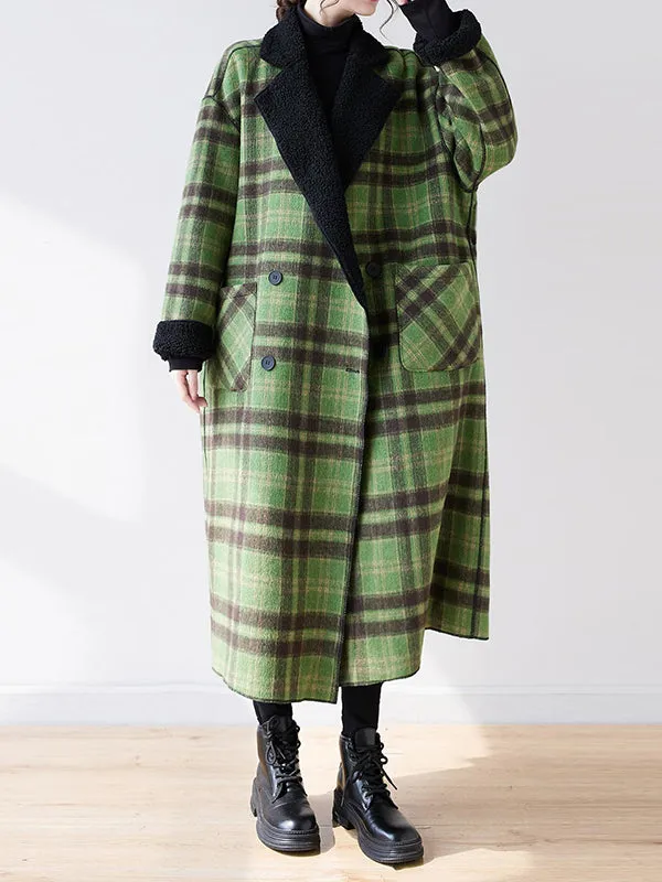 Buttoned Plaid Pockets Reversible Long Sleeves Loose Notched Collar Woolen Coat Outerwear