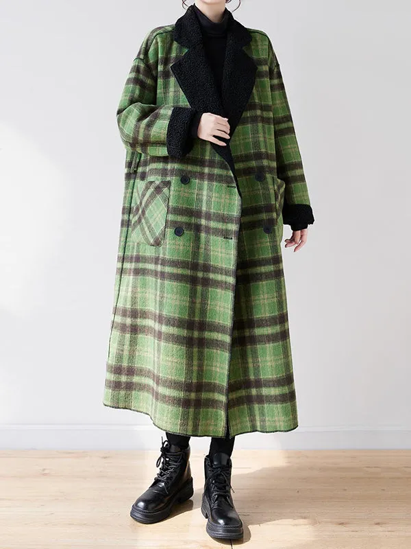 Buttoned Plaid Pockets Reversible Long Sleeves Loose Notched Collar Woolen Coat Outerwear