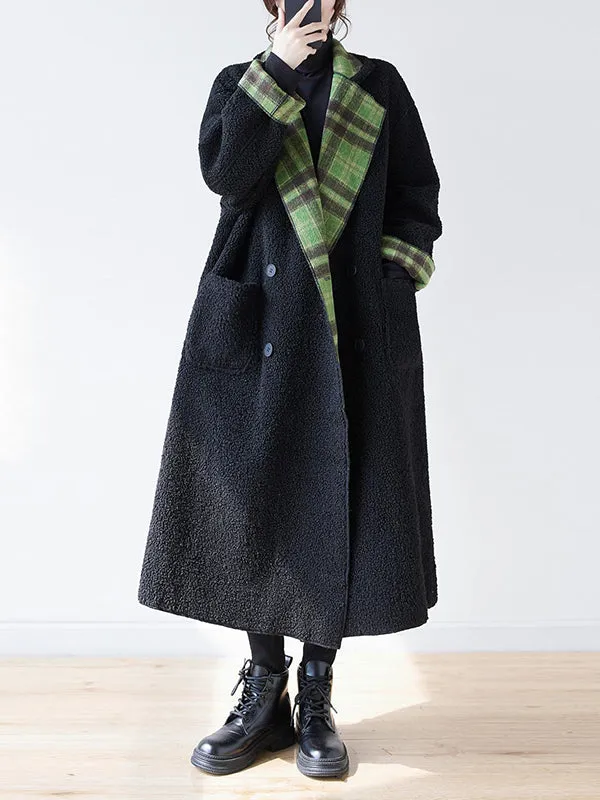 Buttoned Plaid Pockets Reversible Long Sleeves Loose Notched Collar Woolen Coat Outerwear