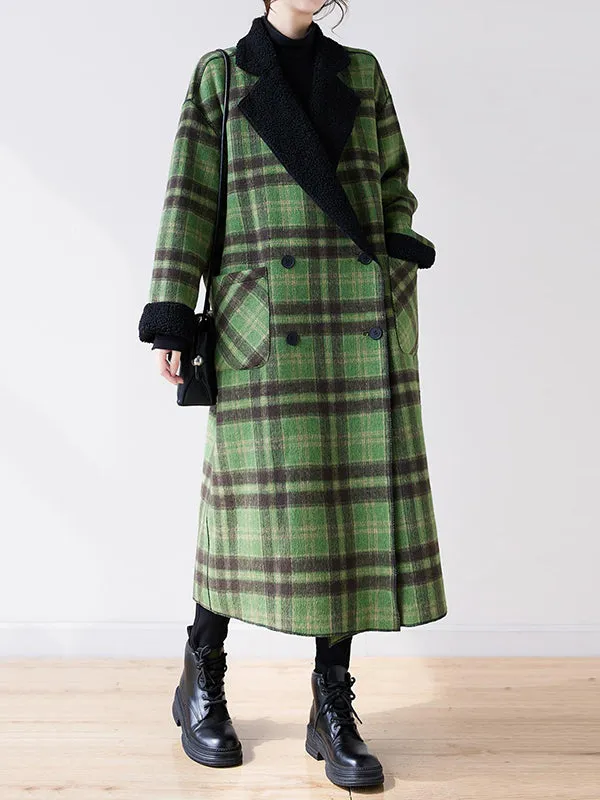 Buttoned Plaid Pockets Reversible Long Sleeves Loose Notched Collar Woolen Coat Outerwear