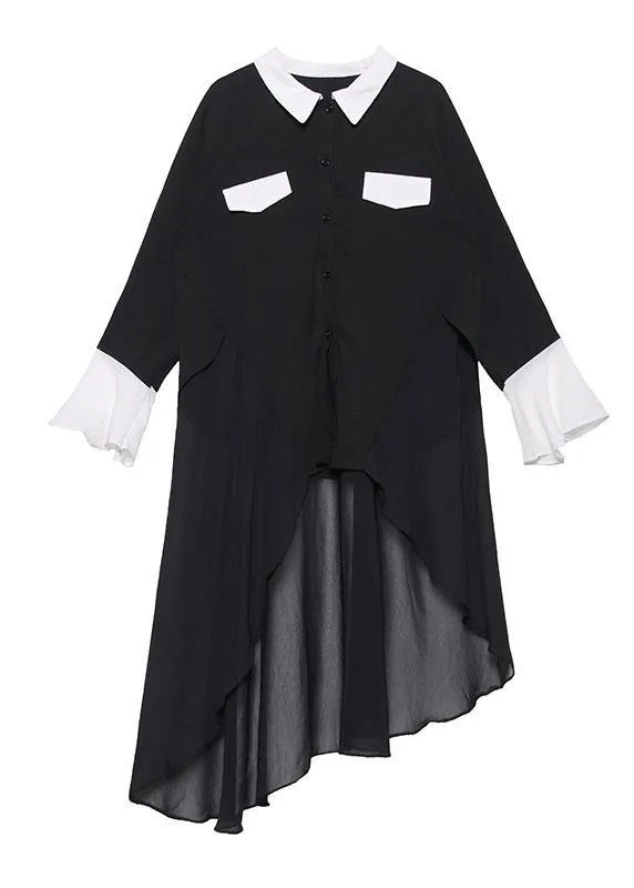 Buy black chiffon Long Shirts Work Outfits asymmetric Plus Size Clothing lapel Dresses