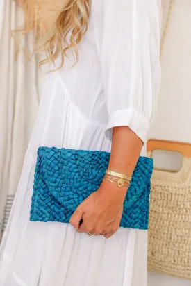 Cabana Raffia Clutch - Blue Emerald