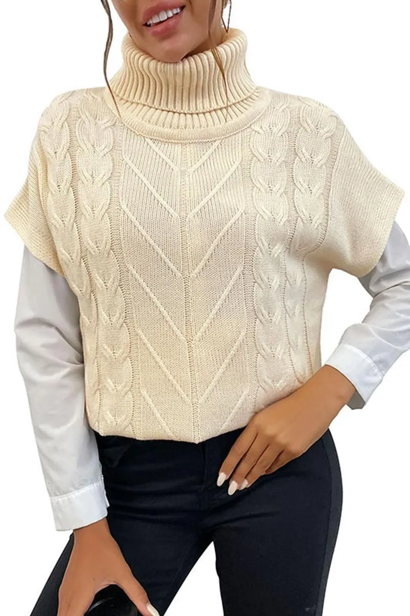 CABLE KNIT TURTLE NECK SHORT SLEEVE SWEATER