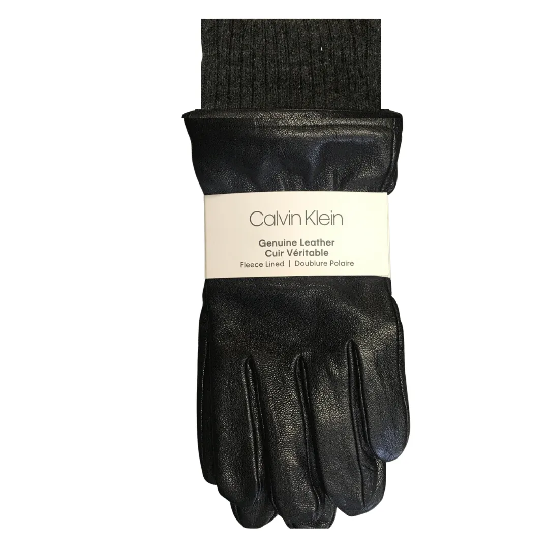 CALVIN KLEIN Black Genuine Leather Fleece Lined Gloves