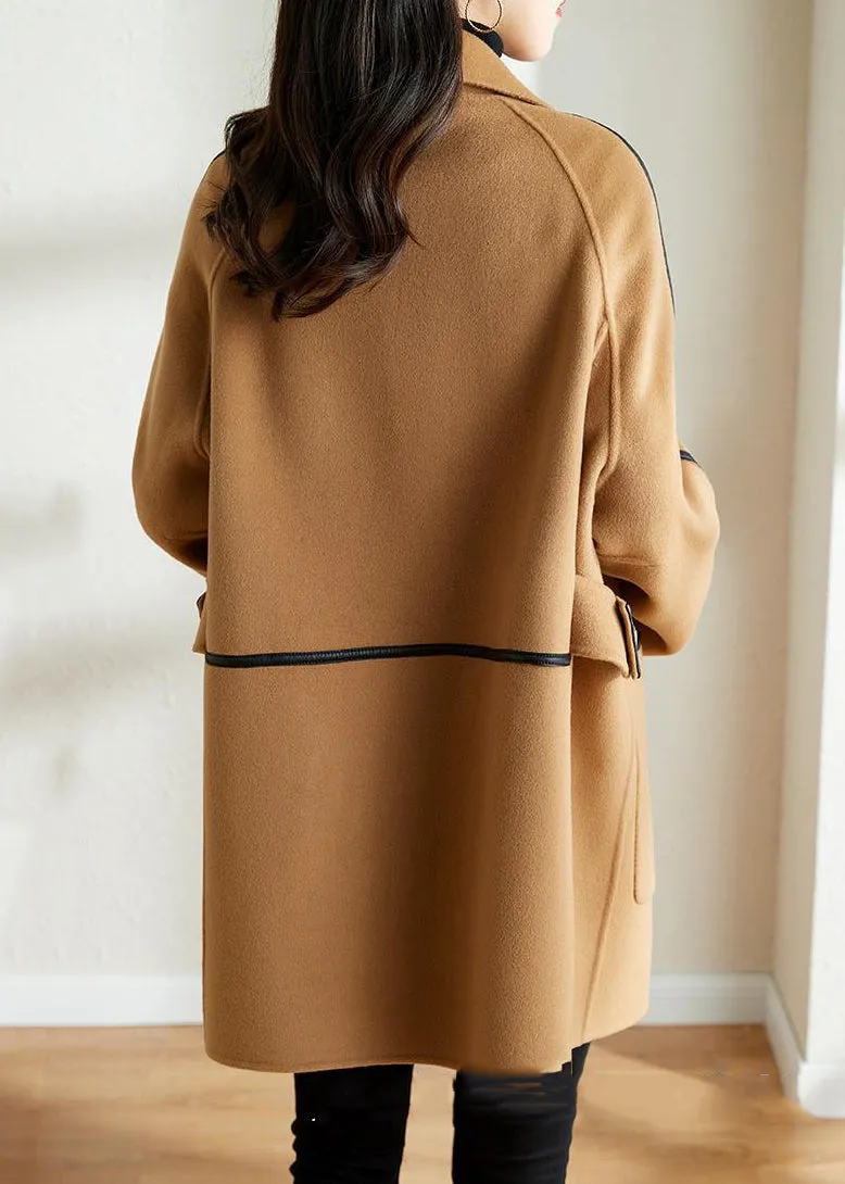 Camel Patchwork Woolen Trench Oversized Double Breast Fall