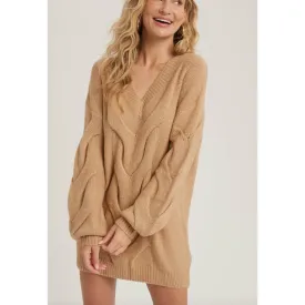 Camel Spiral Twist Cable Tunic Sweater