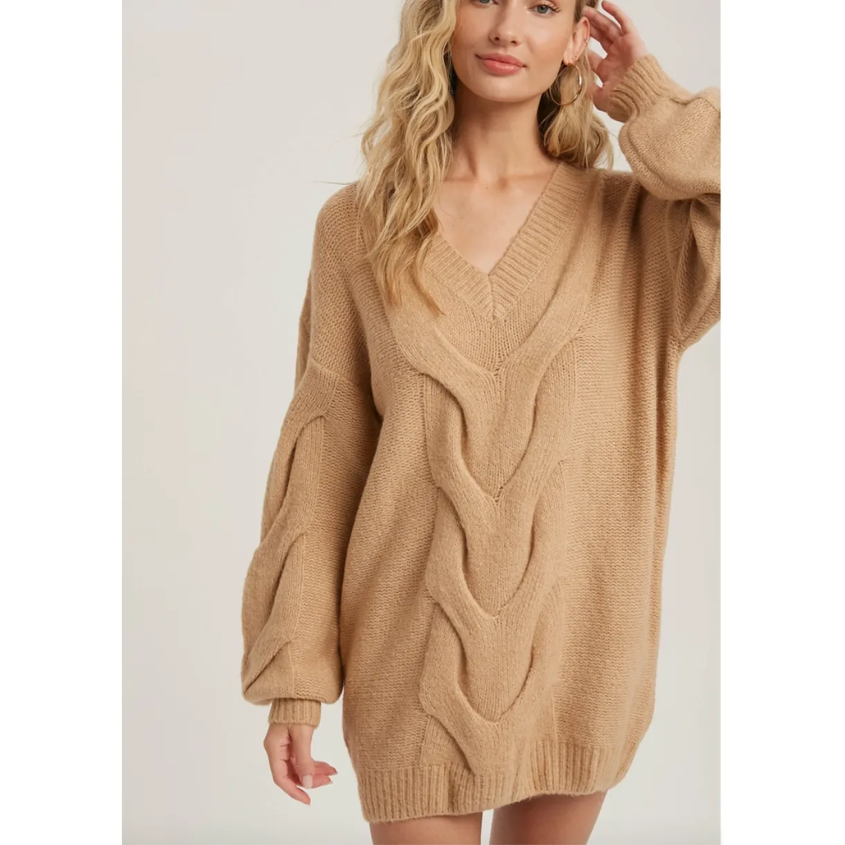 Camel Spiral Twist Cable Tunic Sweater