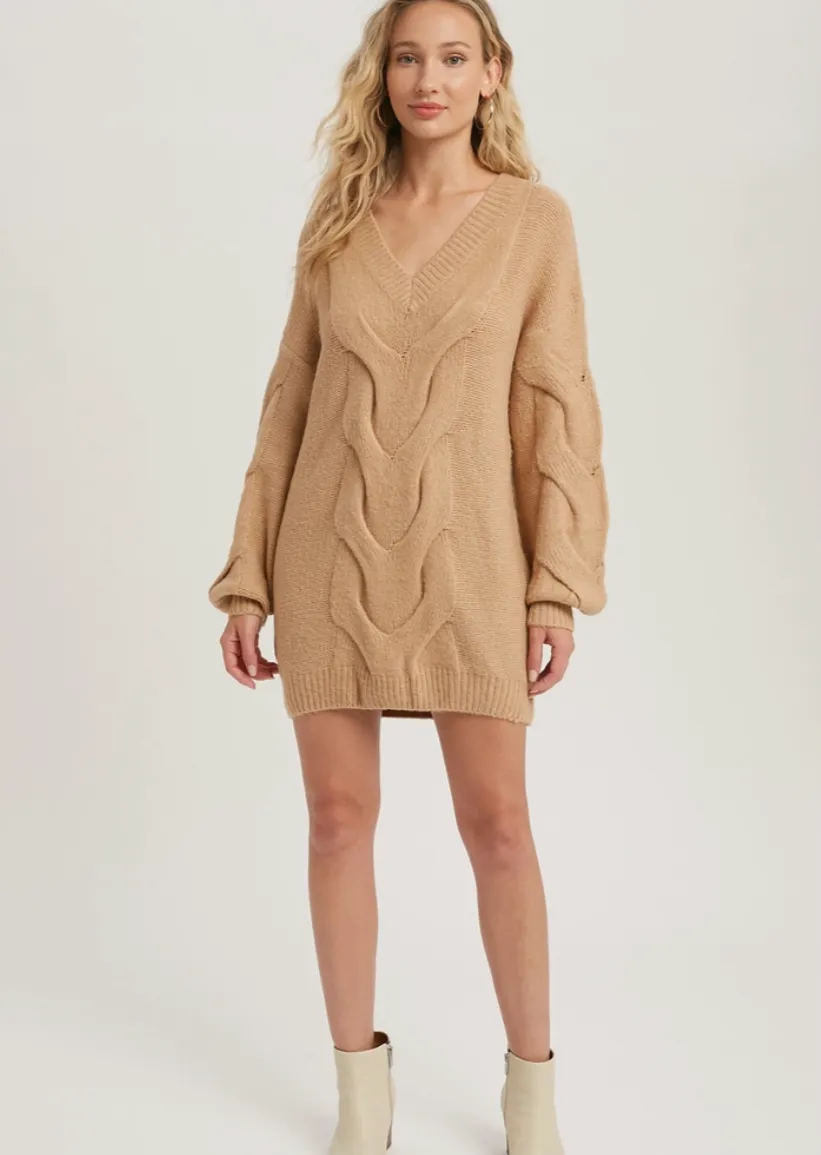 Camel Spiral Twist Cable Tunic Sweater