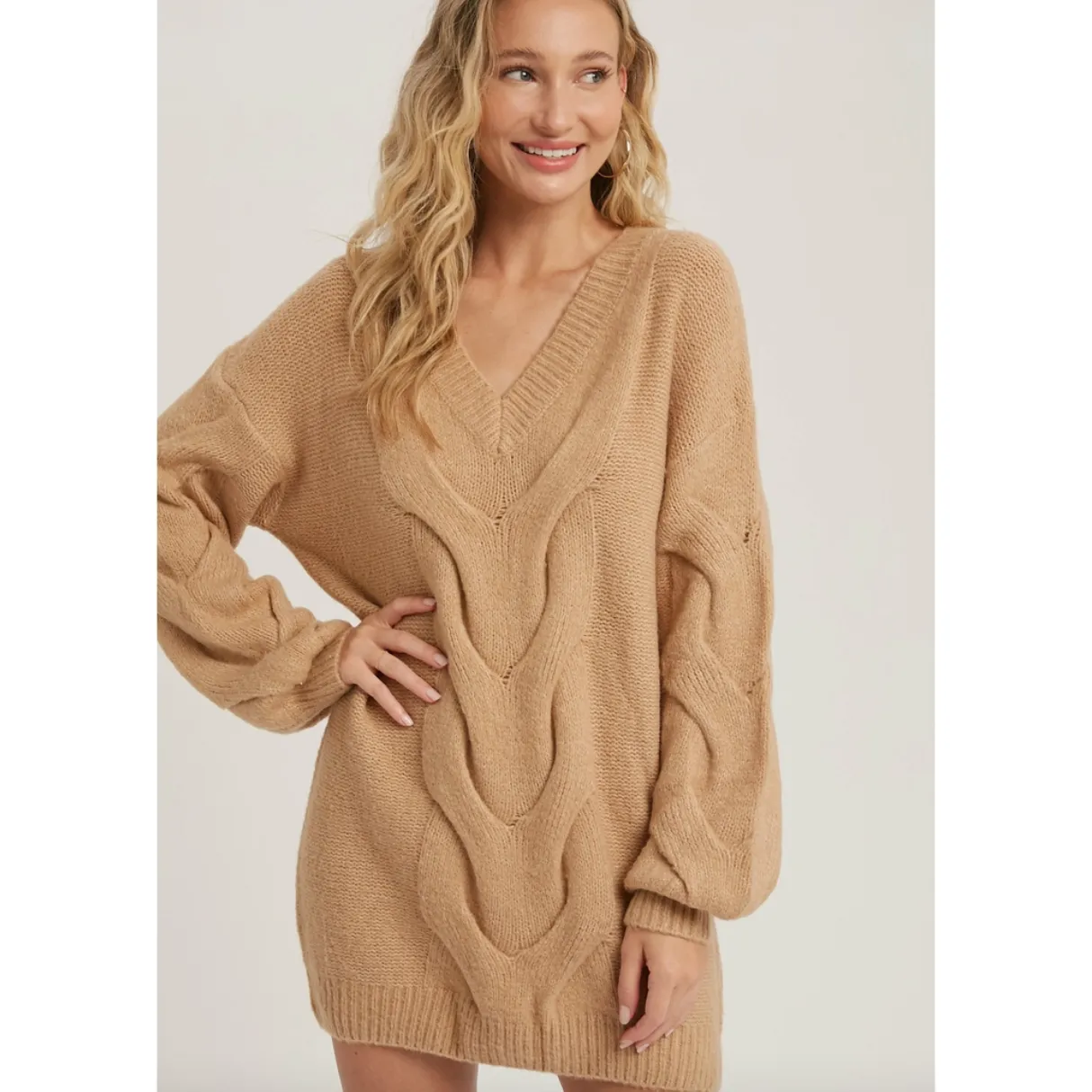 Camel Spiral Twist Cable Tunic Sweater