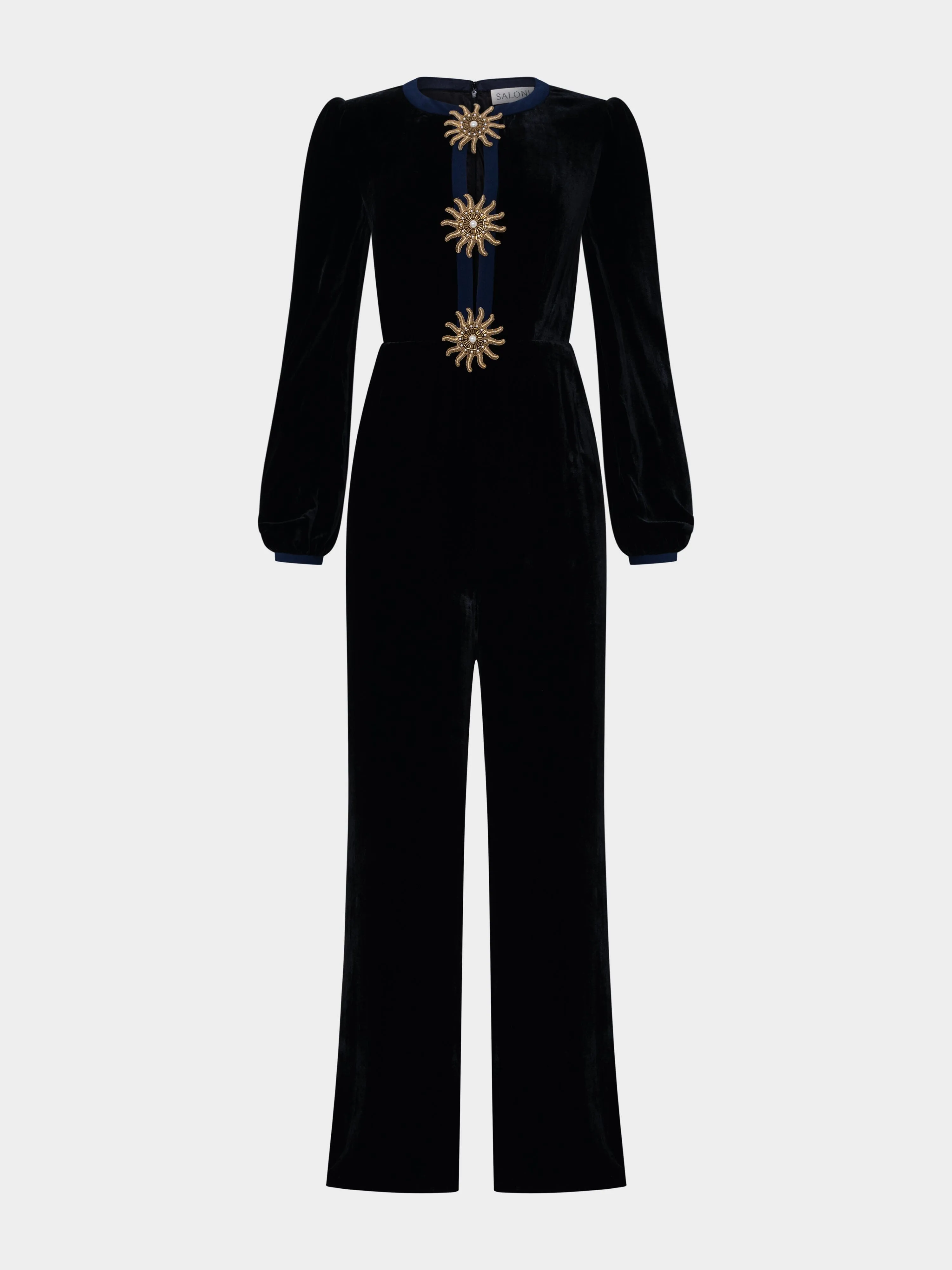 Camille Bows Jumpsuit in Black Gold Embroidery