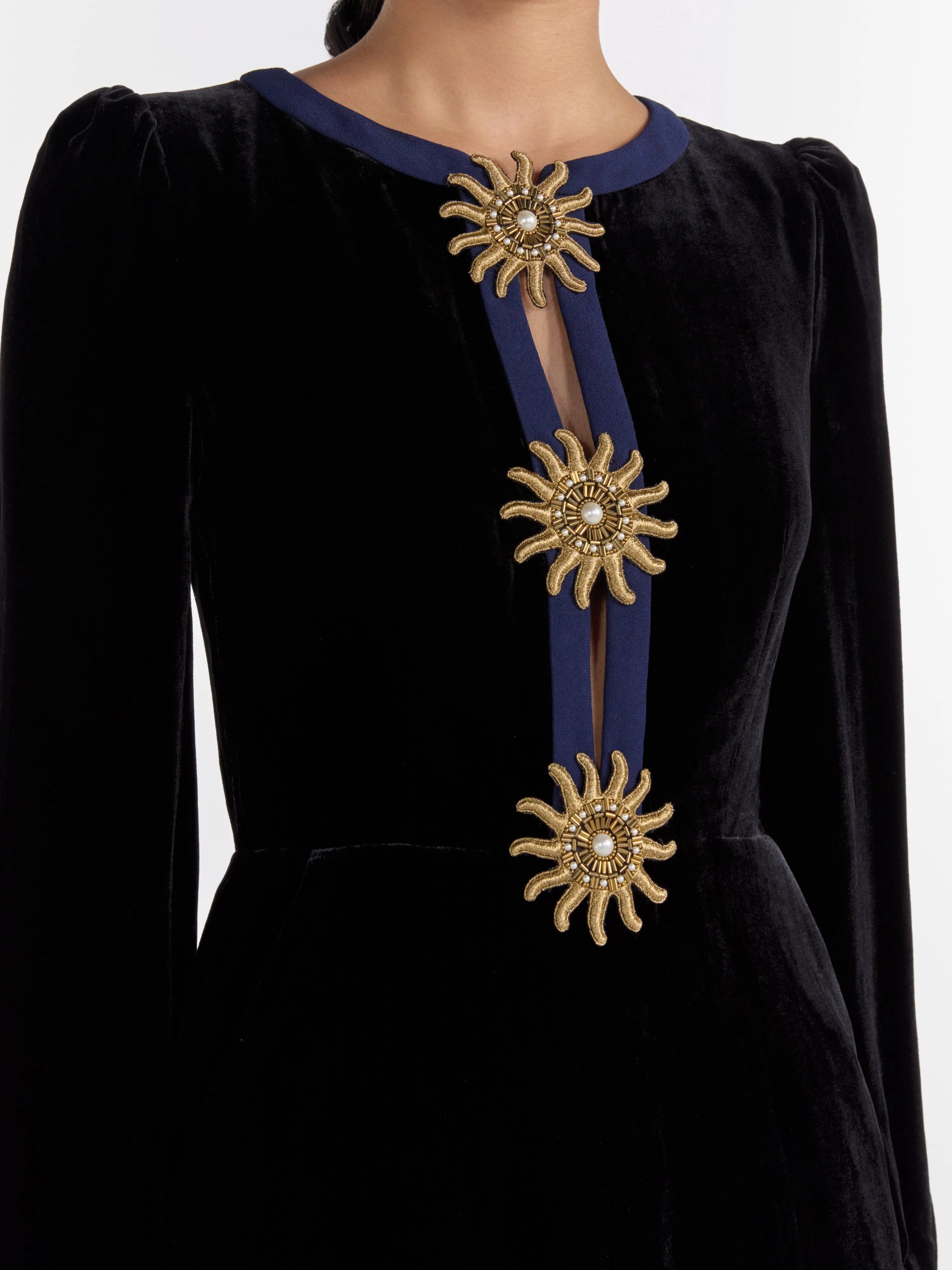 Camille Bows Jumpsuit in Black Gold Embroidery