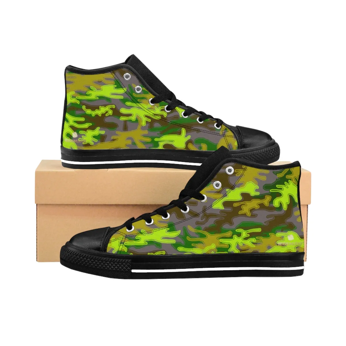 Camouflage Men's High Tops, Gray Green Army Military Print Men's High-top Sneakers Tennis Shoes