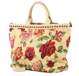 Canvas Cotton Floral Handbag Leather Handles & Shoulder Strap Made In Italy