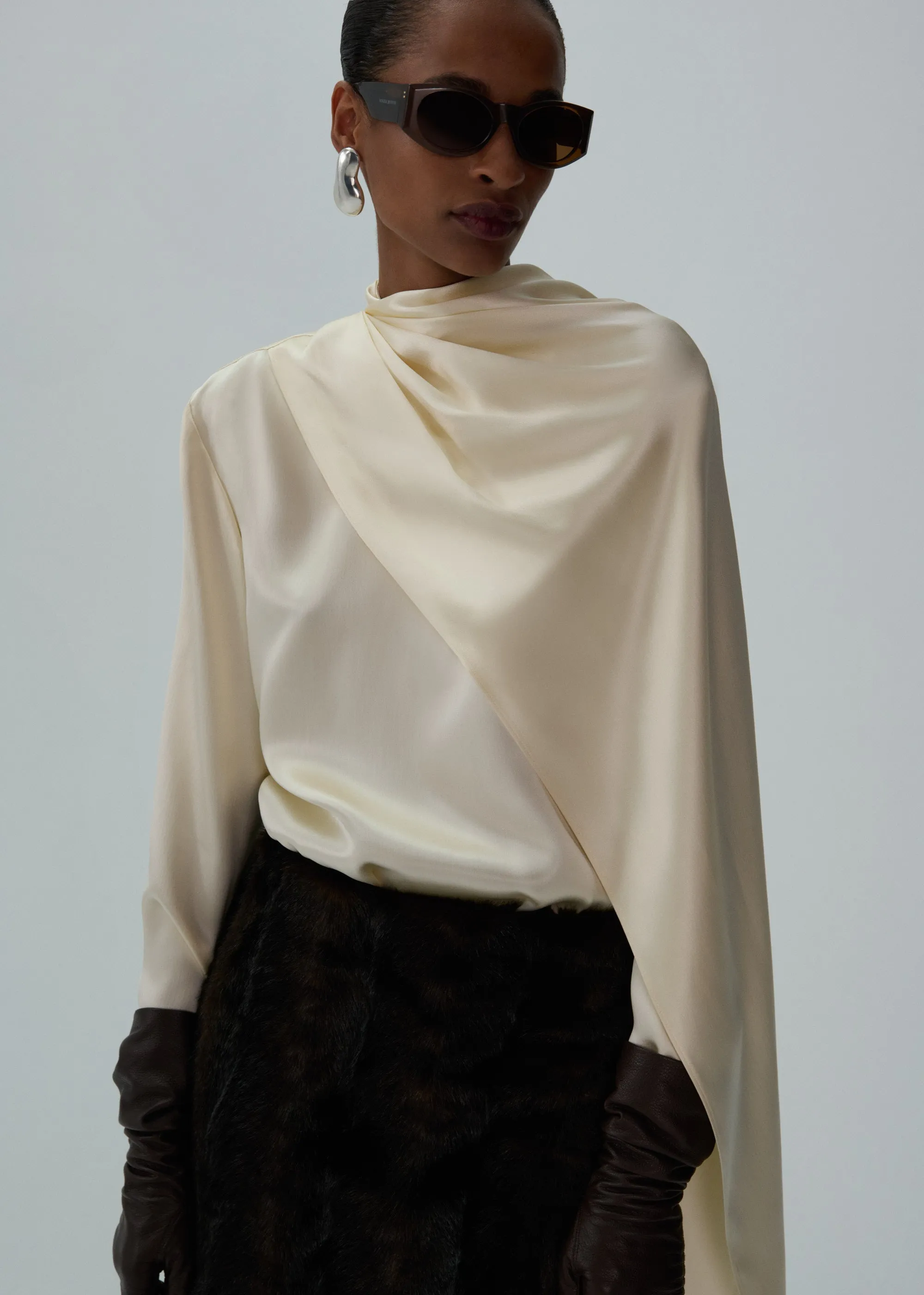 Cape-effect silk blouse in cream