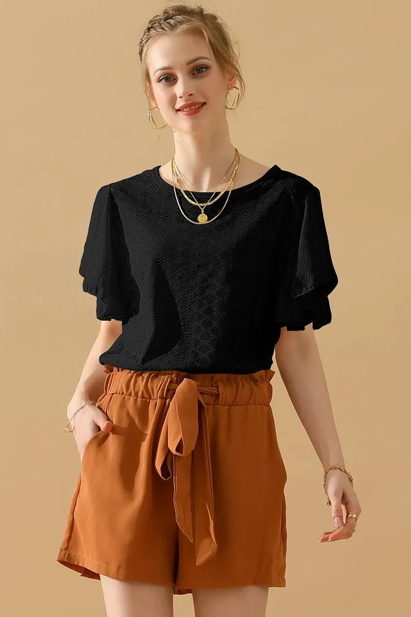 CAPE SLEEVE HOLLOW HOLE DETAILED CASUAL TOP