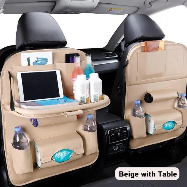 Car Seat-Back Organizer Leather with Foldable Stowable Table Tray