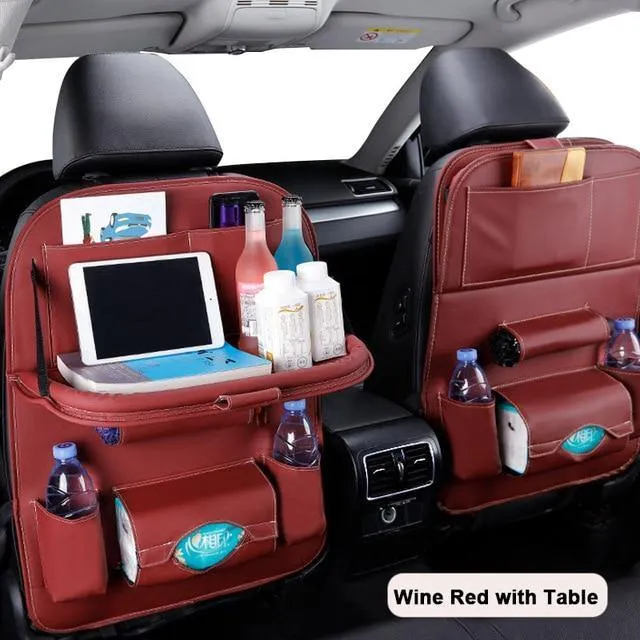 Car Seat-Back Organizer Leather with Foldable Stowable Table Tray