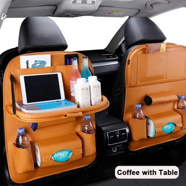 Car Seat-Back Organizer Leather with Foldable Stowable Table Tray