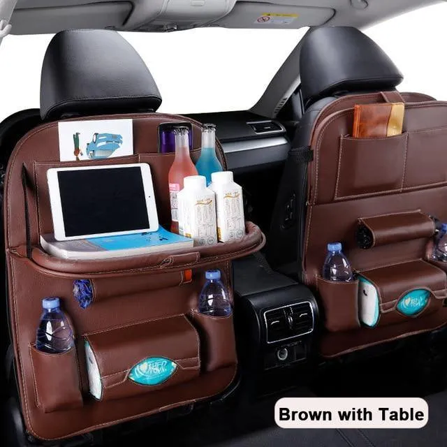 Car Seat-Back Organizer Leather with Foldable Stowable Table Tray