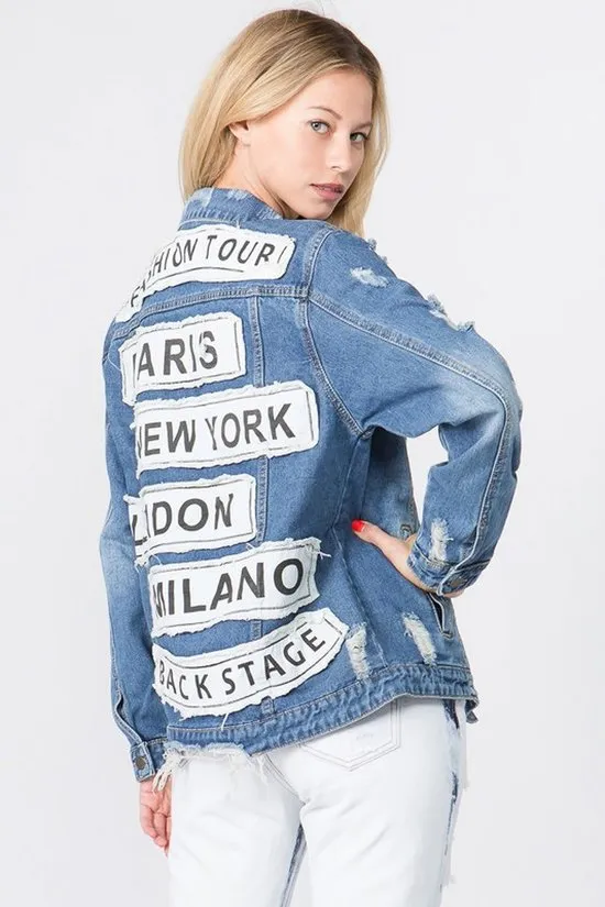 Carey Letter Patched Dark Blue Distressed Denim Jacket