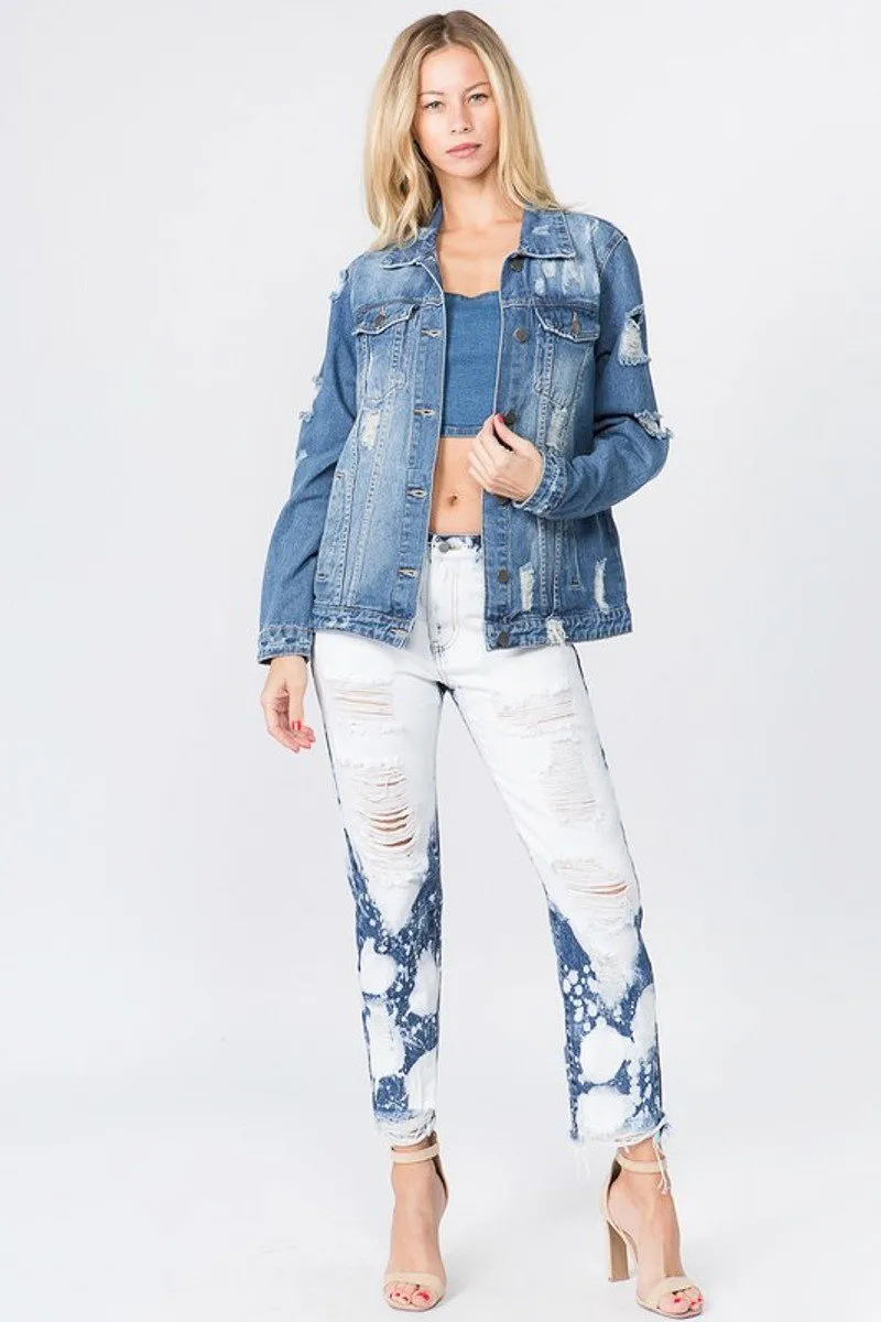 Carey Letter Patched Dark Blue Distressed Denim Jacket