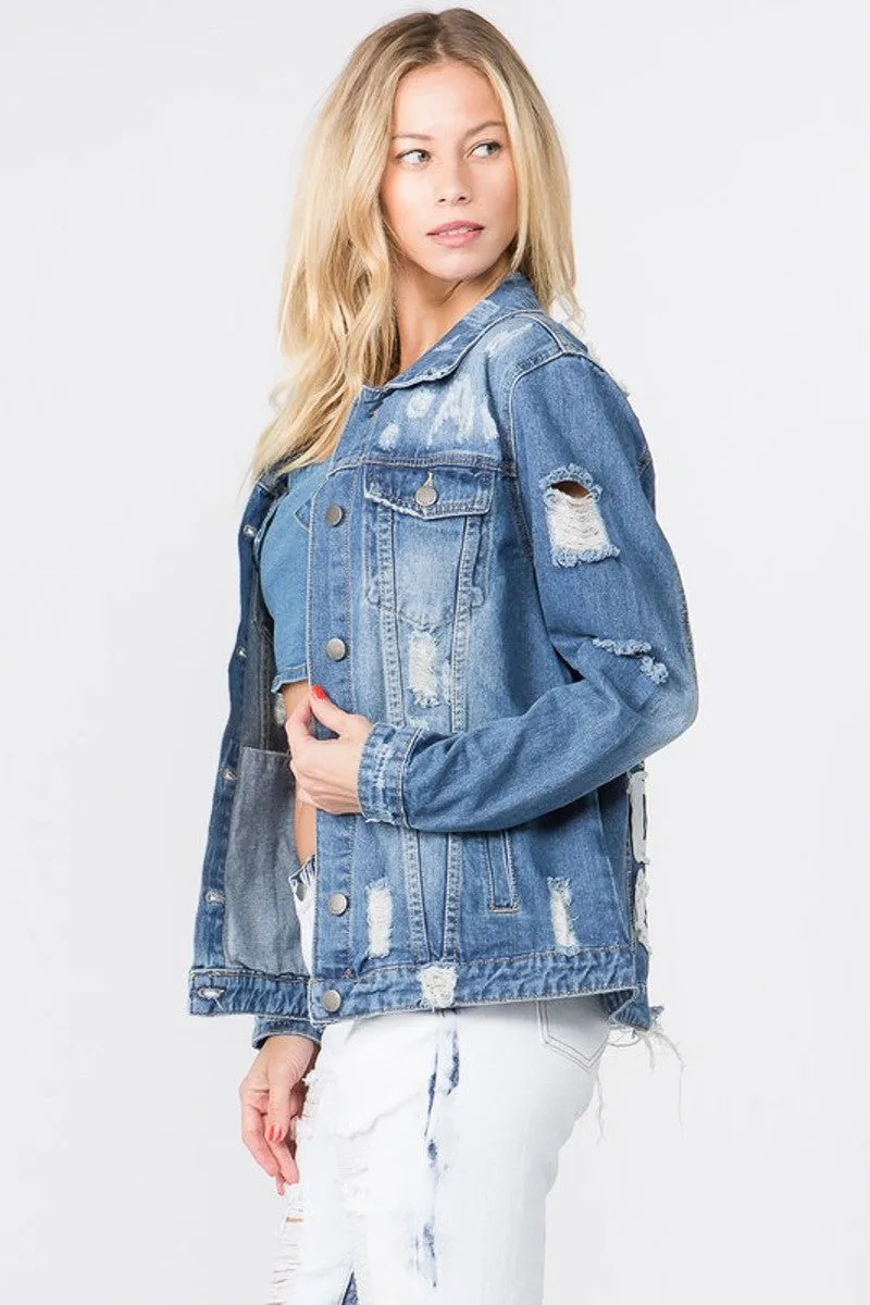 Carey Letter Patched Dark Blue Distressed Denim Jacket