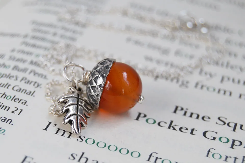 Carnelian and Silver Acorn Necklace | Gemstone Acorn Charm Necklace | Cute Autumn Necklace | Nature Jewelry