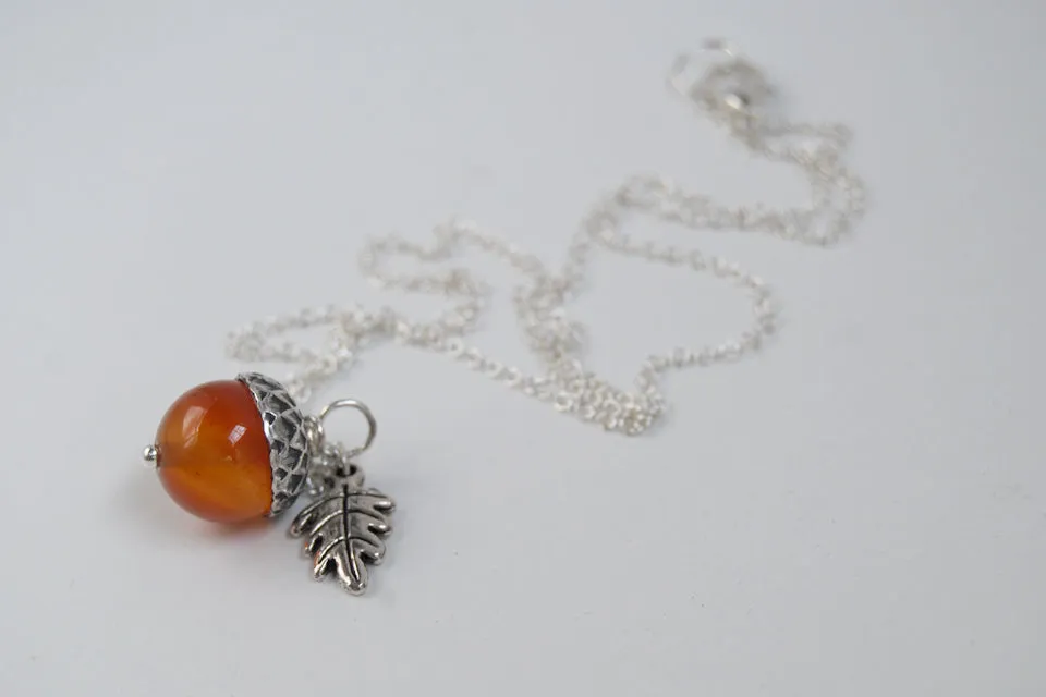 Carnelian and Silver Acorn Necklace | Gemstone Acorn Charm Necklace | Cute Autumn Necklace | Nature Jewelry