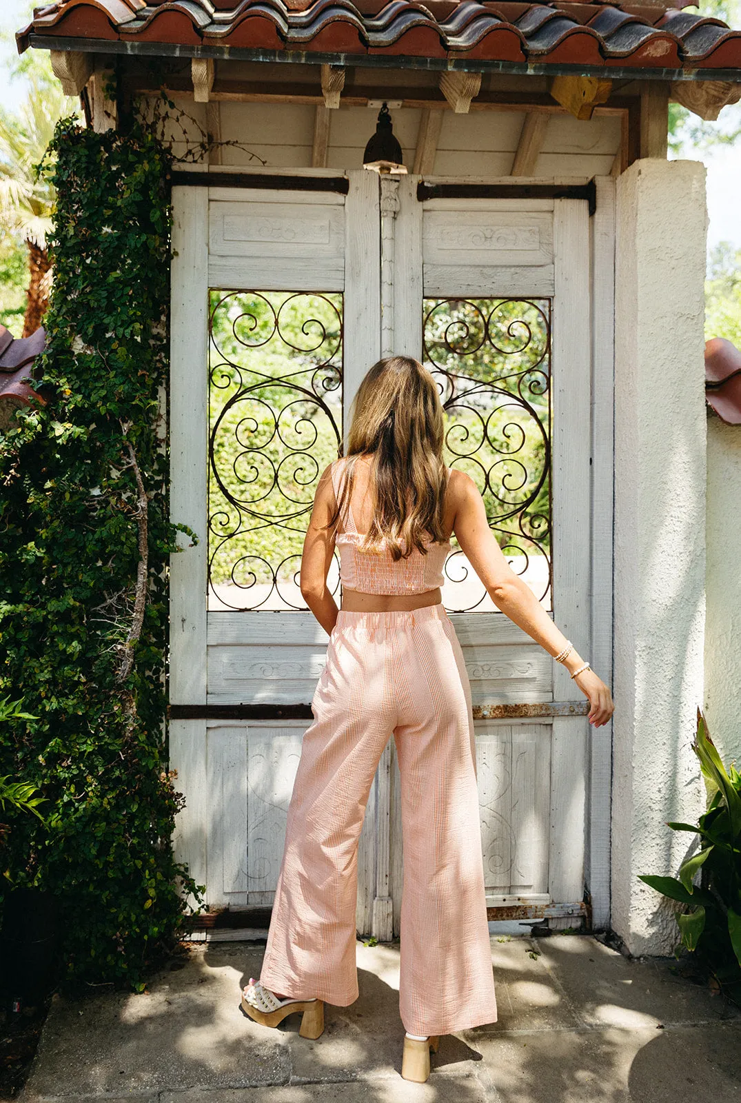 Caroline Seersucker Pants - Tangerine Stripe