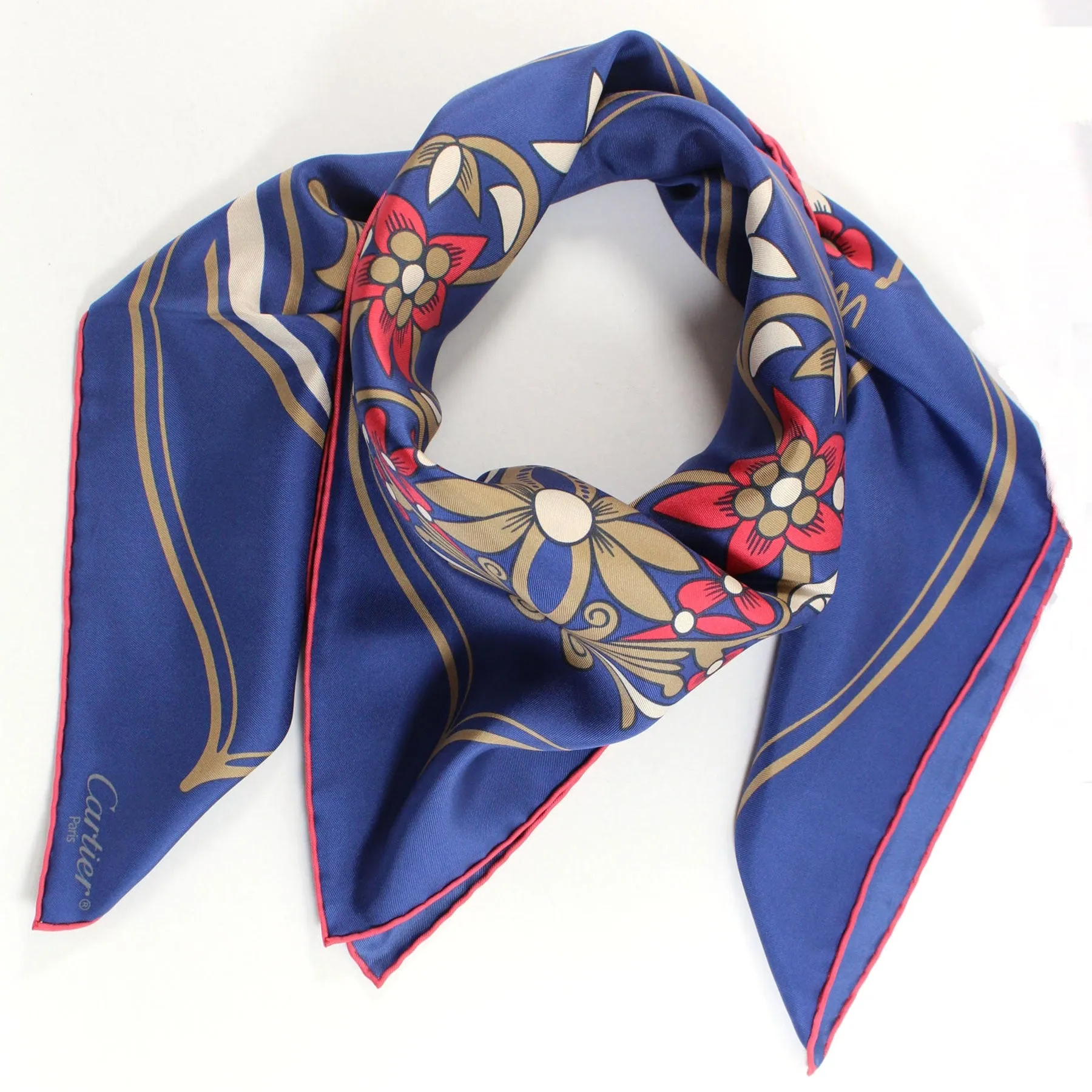 Cartier Scarf Royal Blue Pink Taupe Decorative Boots Design - Twill Silk 36 Inch Square Foulard SALE