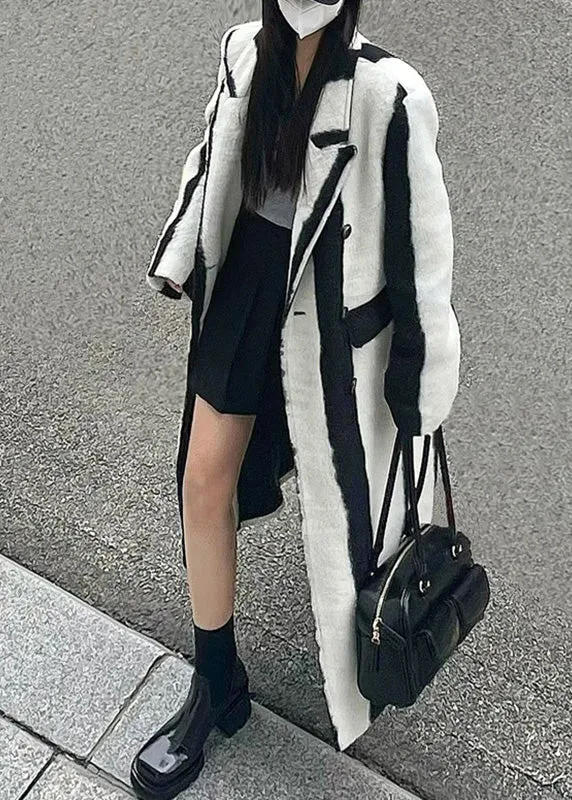 Casual Black White Striped Notched Button Woolen Maxi Coats Winter RP001