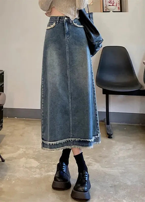 Casual Blue Patchwork High Waist Button Denim A Line Skirts LY7917