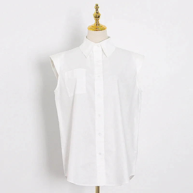 Casual Loose Shirt Female Lapel Collar Sleeveless Ruched Elegant Bloues For Female Fashion Clothes Summer