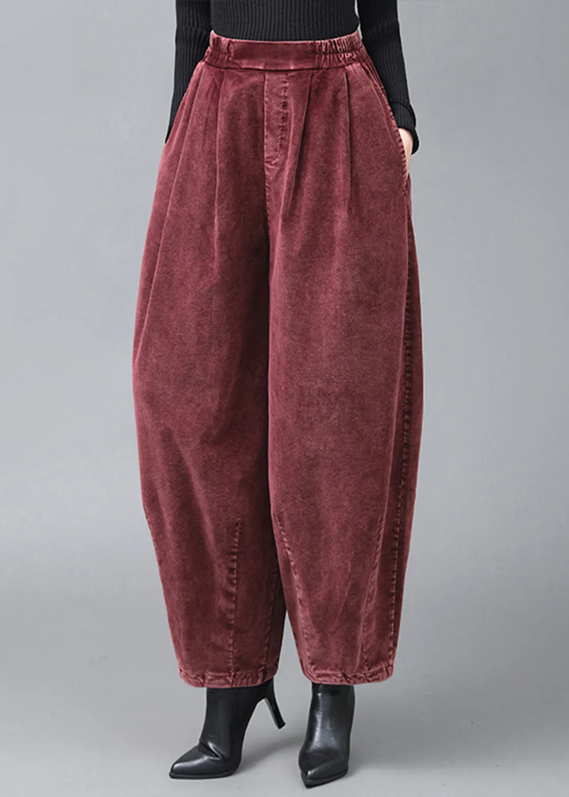 Casual Mulberry Wrinkled Pockets Corduroy Lantern Pants Fall ML1920