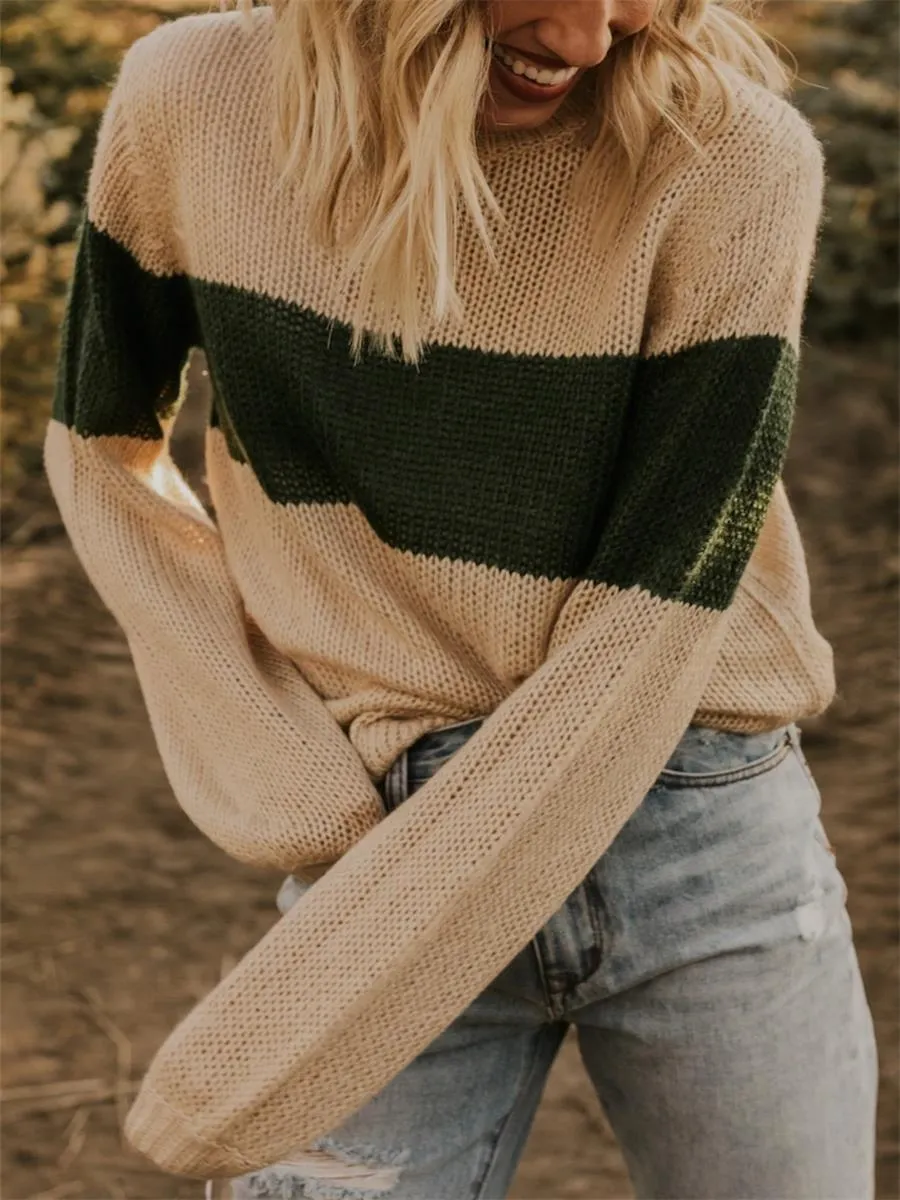 Casual Women'S Color-Blocking Round Neck Sweater