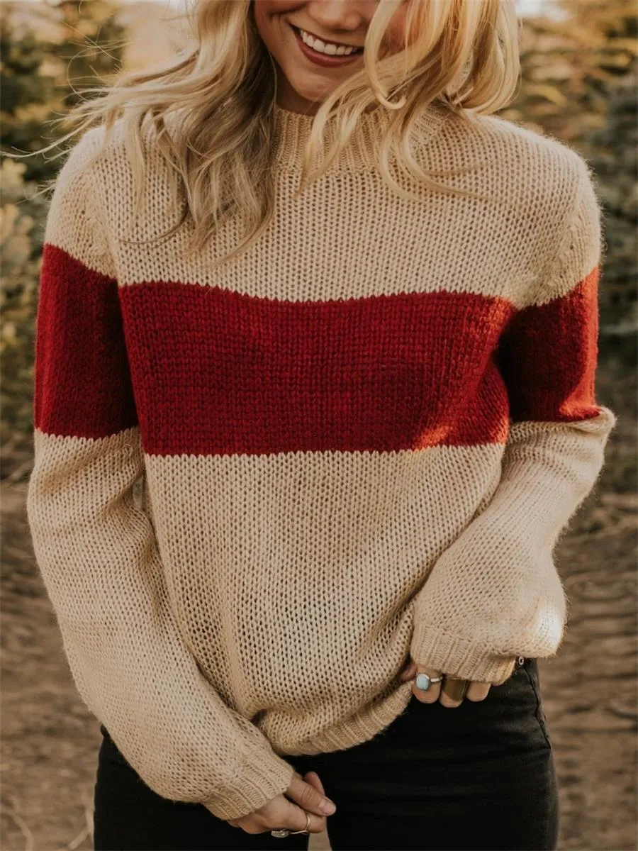 Casual Women'S Color-Blocking Round Neck Sweater