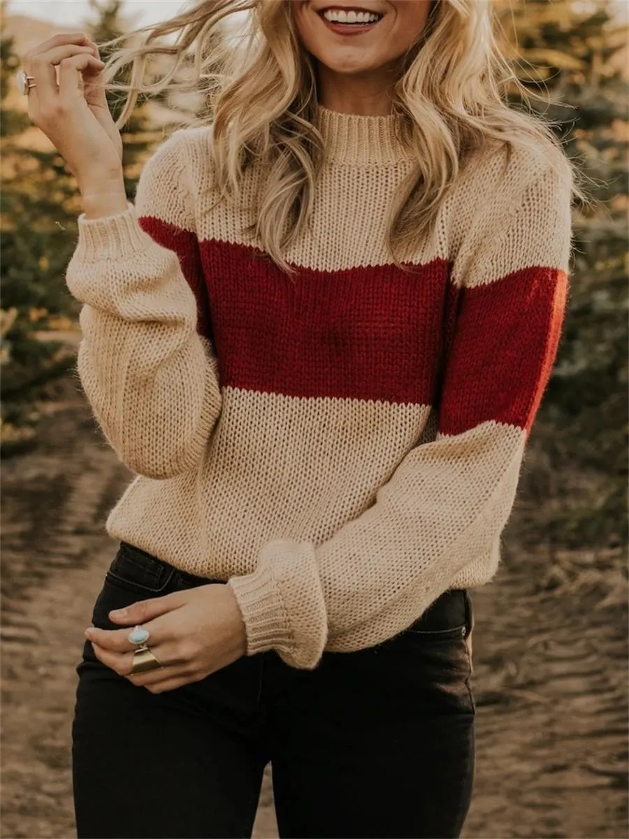 Casual Women'S Color-Blocking Round Neck Sweater