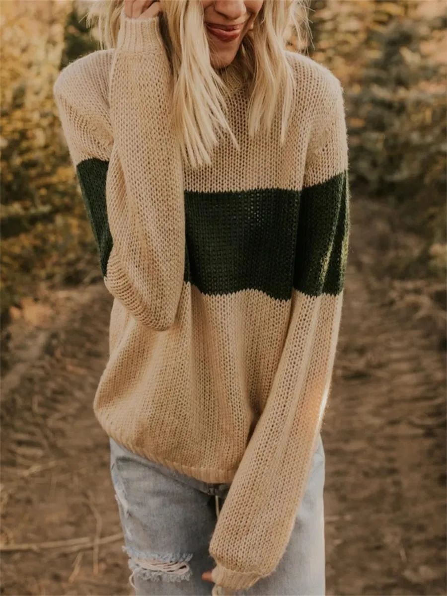 Casual Women'S Color-Blocking Round Neck Sweater