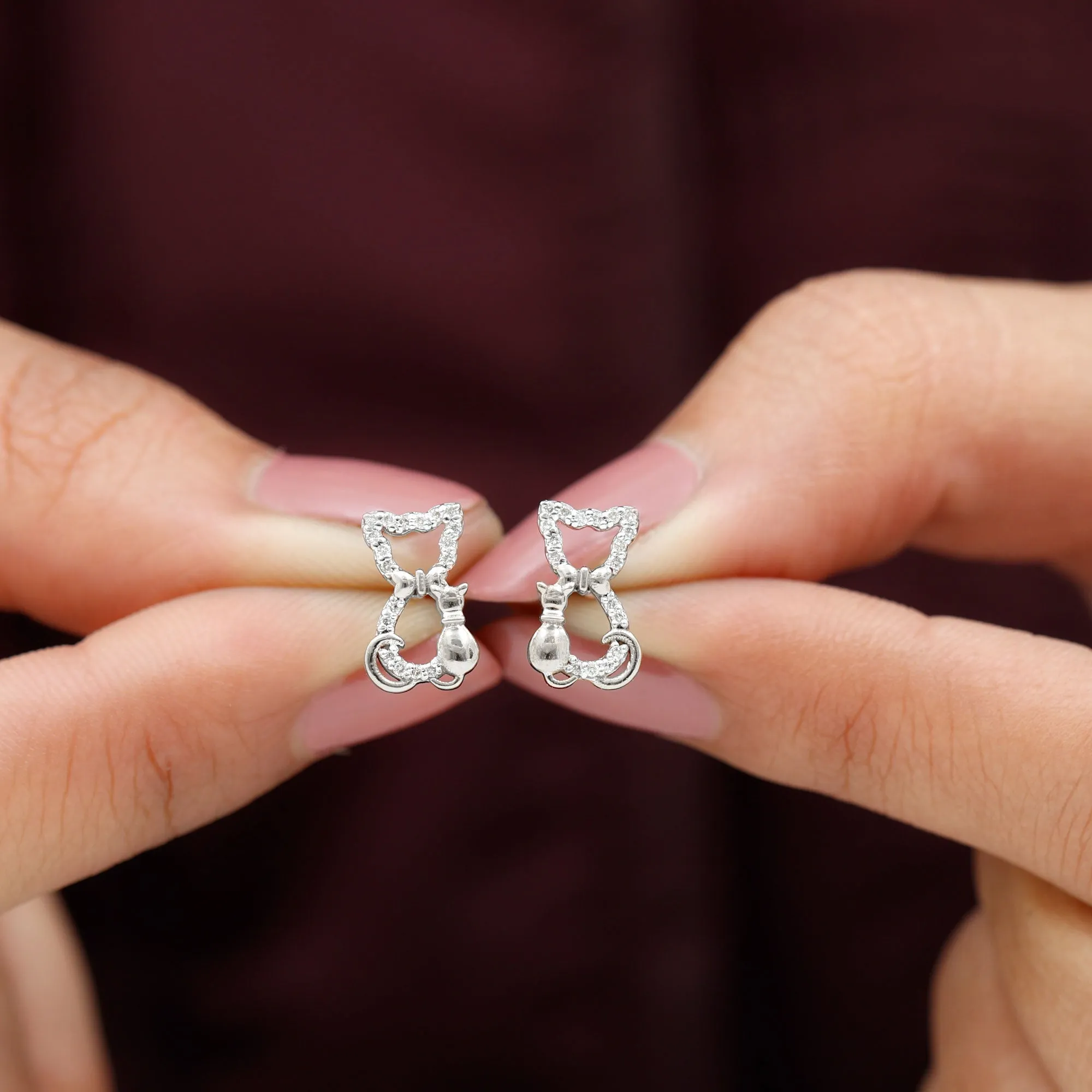 Cat Stud Earrings with Diamond Accent