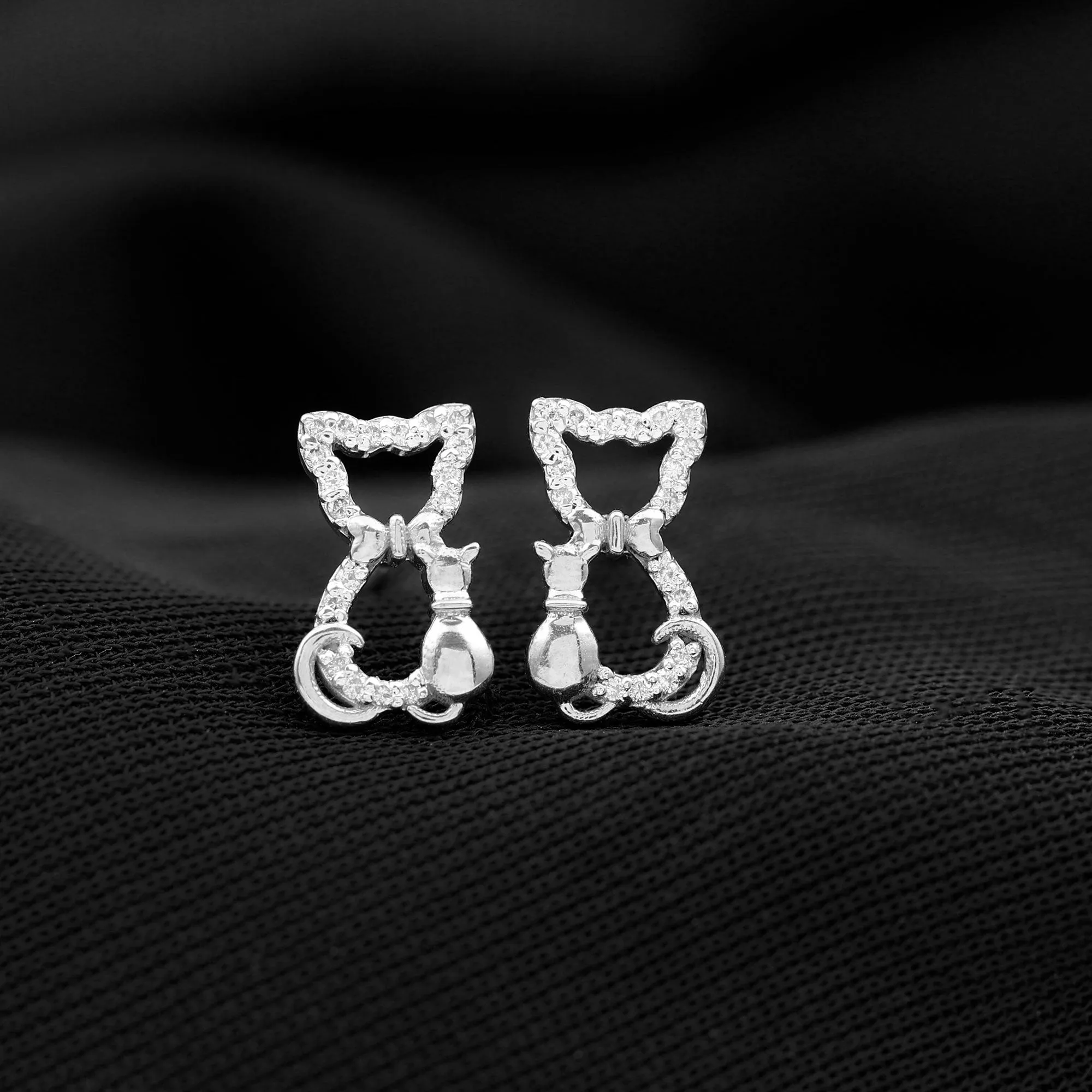 Cat Stud Earrings with Diamond Accent