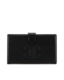 Caviar Leather Long Wallet with Coin Compartment and Slip Pockets