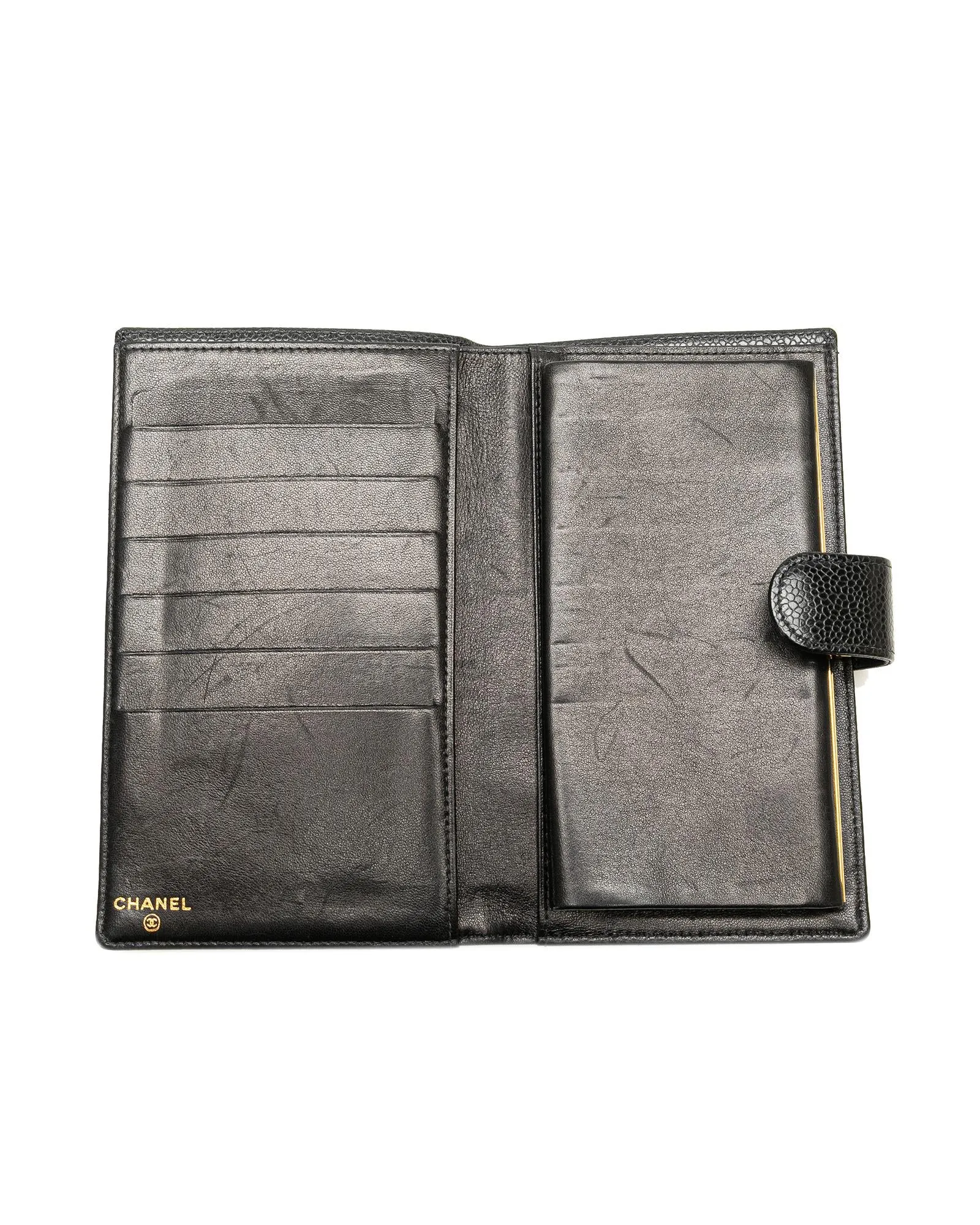 Caviar Leather Long Wallet with Coin Compartment and Slip Pockets