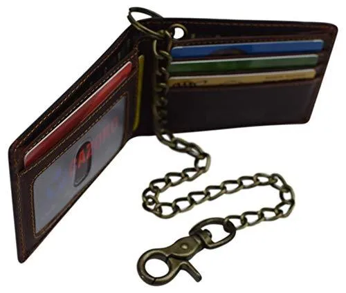 Cazoro Leather Slim Bifold Wallet with Gunmetal Metal Chain