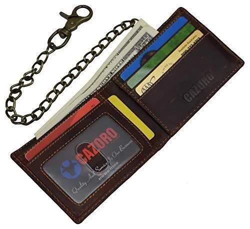 Cazoro Leather Slim Bifold Wallet with Gunmetal Metal Chain