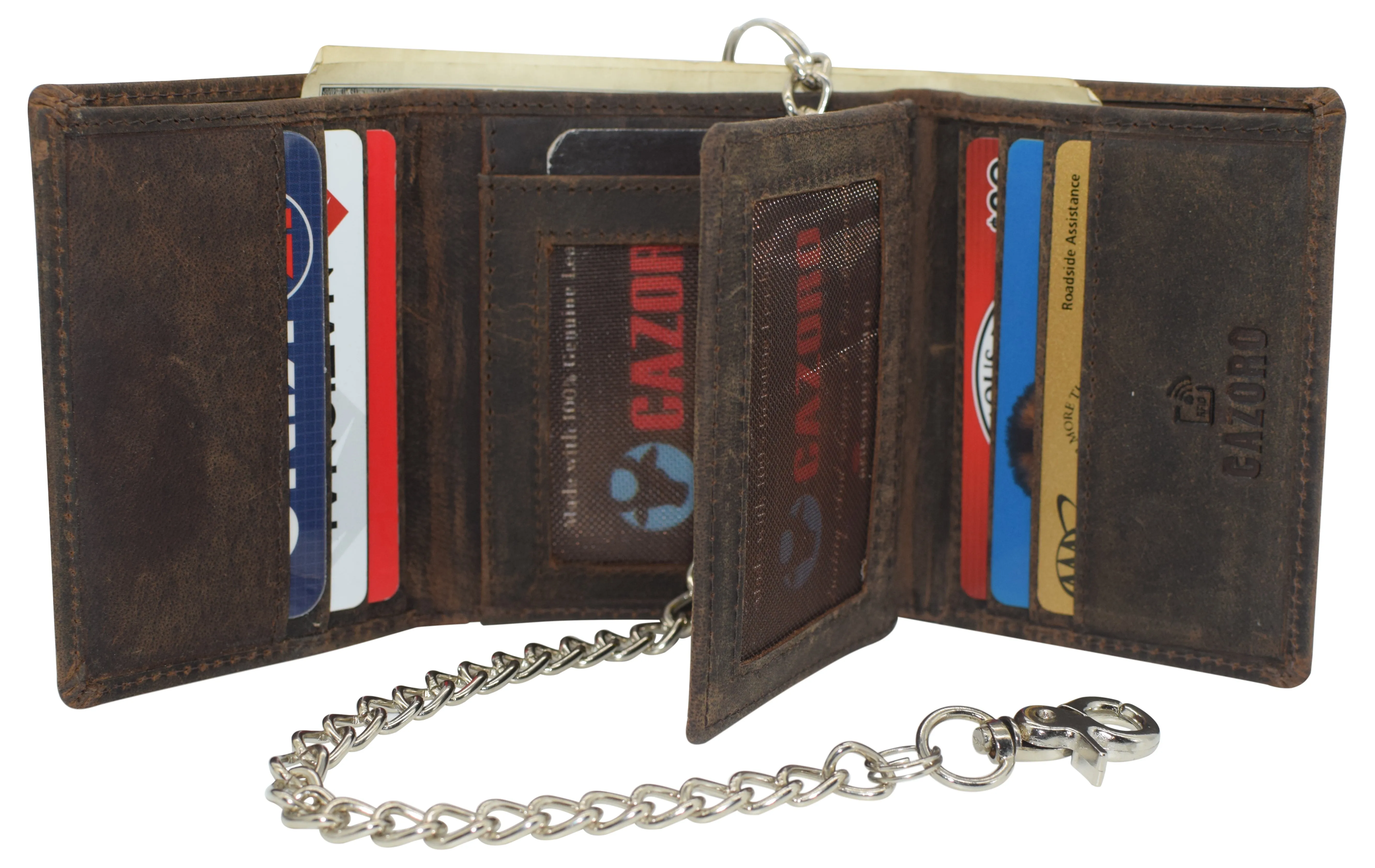 CAZORO Men's RFID Blocking Chain Biker Vintage Genuine Leather Classic Trifold Wallet for Men